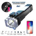 Multifunctional safety hammer flashlight with charging cable and smartphone app on a white background